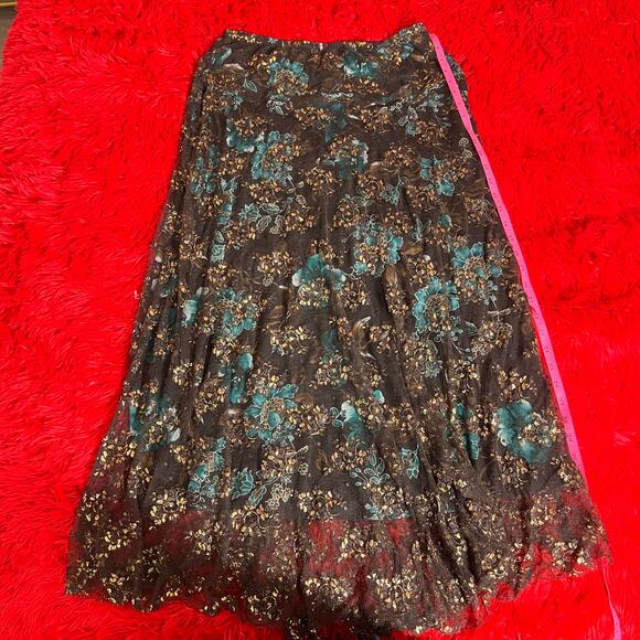 Womens Vintage Brown and Teal Fairycore Lacy Western Maxi Flowy Skirt L - Picture 2 of 4